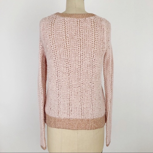 Anthro Moth Metallic Gold Wool Blend Rose Pink Chunky Open Knit Pullover Sweater - Picture 4 of 9